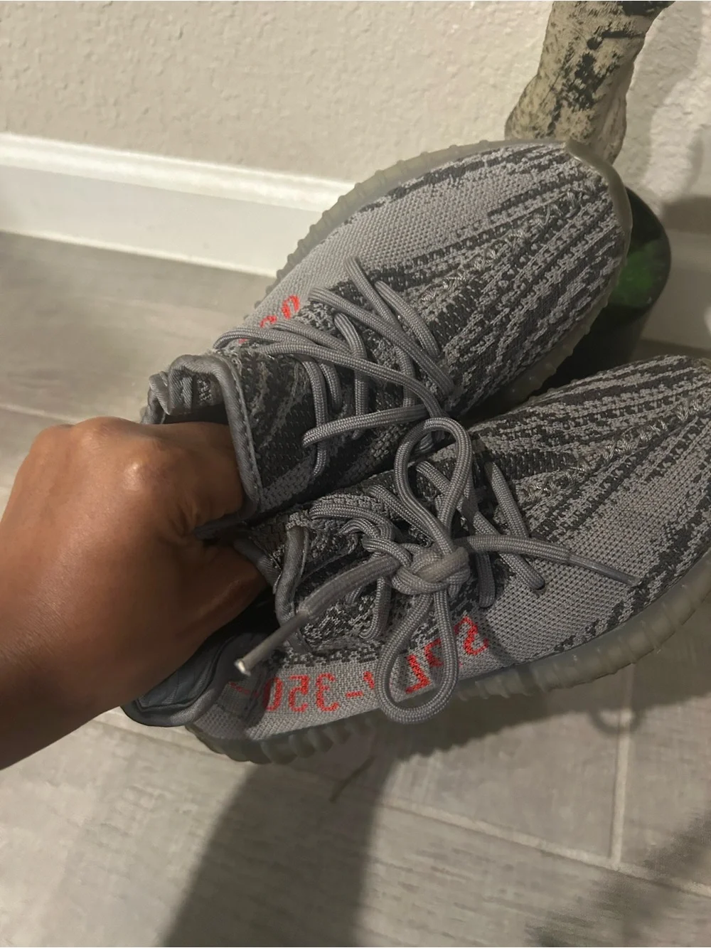 Yeezy Kids Grey Knit Sneakers with Subtle Red Accent